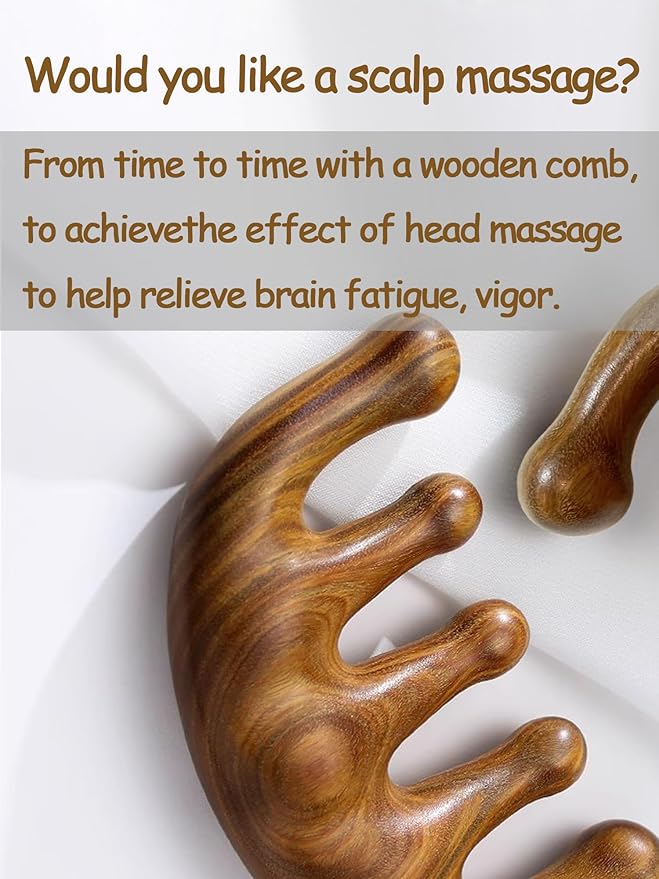 Wooden Scalp Massager & Head Massager, Natural Green Sandalwood Wide Tooth Comb for Scalp Care, Hair Growth, Stress Relief & Relaxation, Handheld Wood Therapy Massage Tool