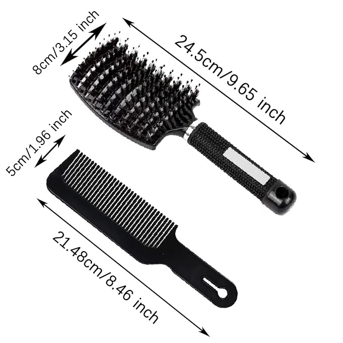 Voremy Magical Brush Detangler & Flat Hair Comb Set, Natural Boar Bristle Hair Brush Ultra Soft For All Hair Types - For Women, Men, Thick And Curly Hair (2 Pack)