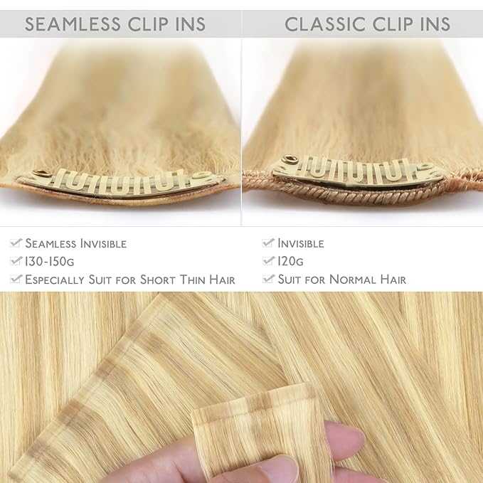 WENNALIFE Seamless Clip In Hair Extensions Human Hair, 12 Inch 80g 7pcs Light Blonde Highlighted Golden Blonde Real Hair Extensions Clip in Human Hair Invisible PU Skin Weft Natural Remy Hair