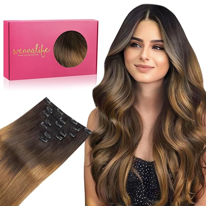 WENNALIFE Clip in Hair Extensions Real Human Hair, 24 Inch 120g 7pcs Human Hair Extensions Clip In Human Hair, Ombre Dark Brown to Light Chestnut Brown Clip In Real Hair Coloured Remy