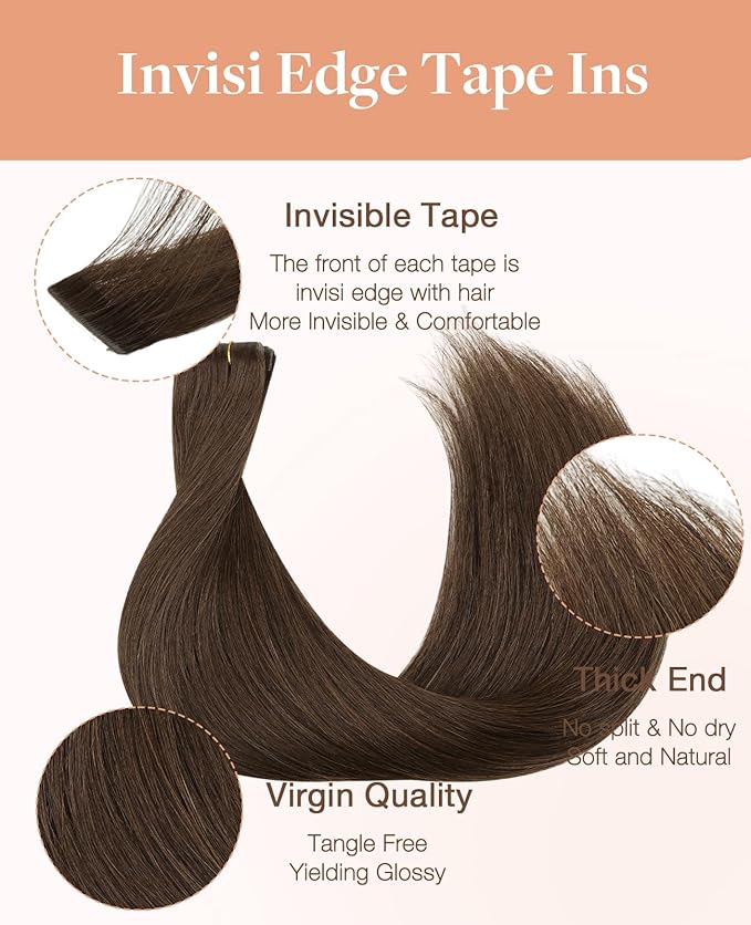 GOO GOO Invisi Edge Tape in Hair Extensions Human Hair, 4A Chocolate Brown, 6pcs 12inch 15g, Virgin Remy Hair, Seamless Injected Tape, Natural Look