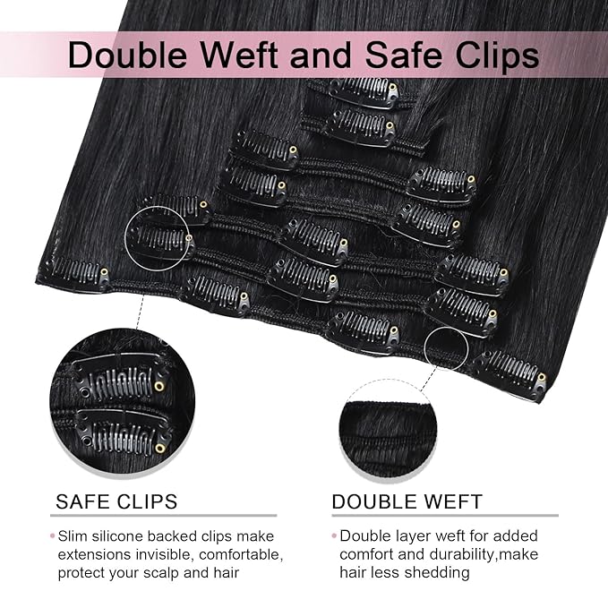 Pro2.0 Clip in Hair Extensions Real Human Hair 22inch 7pcs #1 Jet Black Remy Real Hair Extensions Clip in Human Hair 120g Thick Seamless Double Weft for Women（#1-22inch）