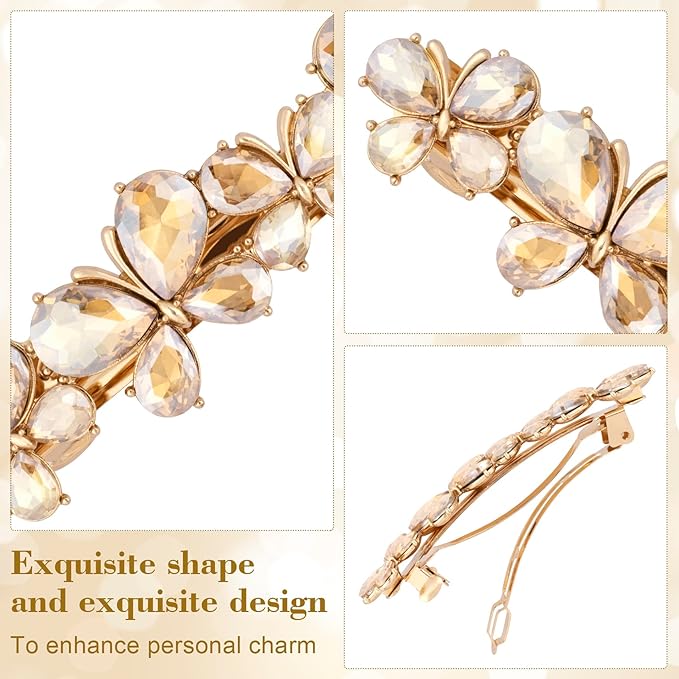 Joez Wonderful Rhinestone Hair Clips, Bridal Hair Accessories for Women, Sparkly Crystal Hair Pins, Fancy Hair Barrettes for Wedding, Bride, Long Hair (Champagne Butterfly, 1 Pcs)