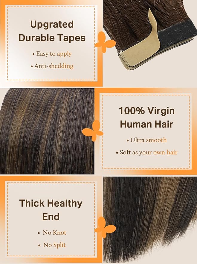 DOORES 50g 20pcs Tape in Human Hair Extensions Balayage Dark Brown to Chestnut Brown Real Natural Tape in Straight Skin Weft Remy Hair Extensions 22 Inch