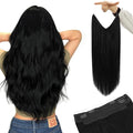 YoungSee Invisible Wire Hair Extensions Real Human Hair Black Wire Human Hair Extensions Jet Black Fish Line Hair Extension for Women 14In 80G