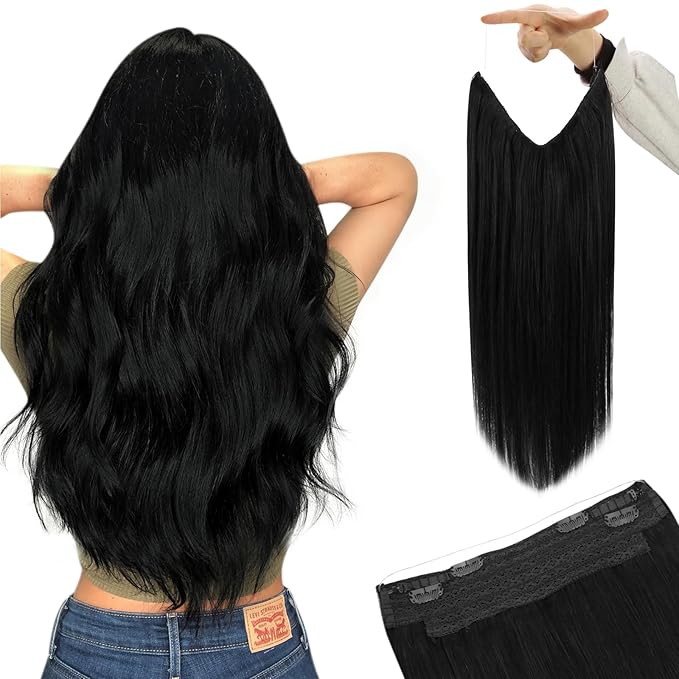YoungSee Invisible Wire Hair Extensions Real Human Hair Black Wire Human Hair Extensions Jet Black Fish Line Hair Extension for Women 14In 80G