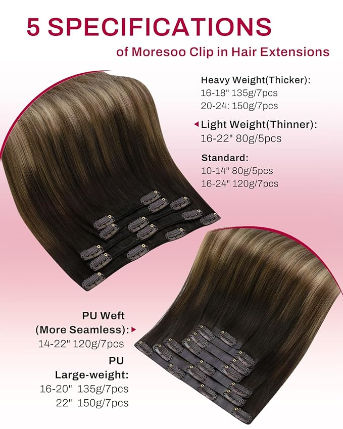 Moresoo Clip in Hair Extensions Real Human Hair Ombre Dark Brown to Dark Ash Blonde with Dark Blonde Remy Human Hair Clip in Extensions Balayage 5pcs 80g 18inch