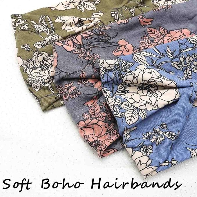 Yeshan Boho Bandeau headbands for Women Wide Bandana Knot Hair Scarf Floral Printed African Hair Bands Elastic Turban Thick Head Wraps Stretch Cotton Head Bands,Pack of 6