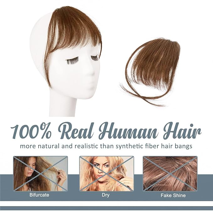 BARSDAR Medium Brown Clip in Bangs Real Human Hair - 100% Human Hair Clip in Bangs for Women - Medium Brown Wispy Bang Extensions Real Hair Fringe with Temples Hairpieces