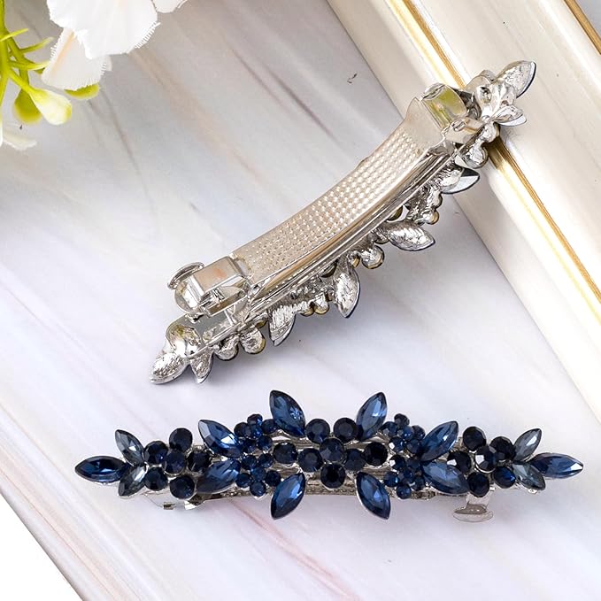 Joez Wonderful Rhinestone Hair Clip Sparkly Crystal Barrettes French Wedding Prom Engagement Pageant First Communion Hair Decorative Accessories for Women Bride Thick Long Hair (Blue, 1 Pcs)