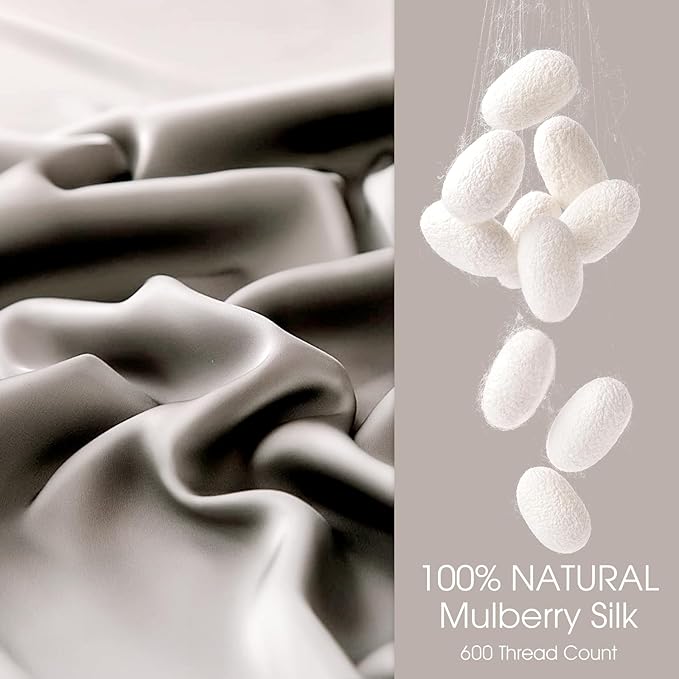 100% Silk Pillow Cases 2 Pack Queen Size Mulberry Silk Pillowcase for Hair and Skin Set of 2 Highest Grade 6A Silk Soft Breathable Cooling with Hidden Zipper, Grey