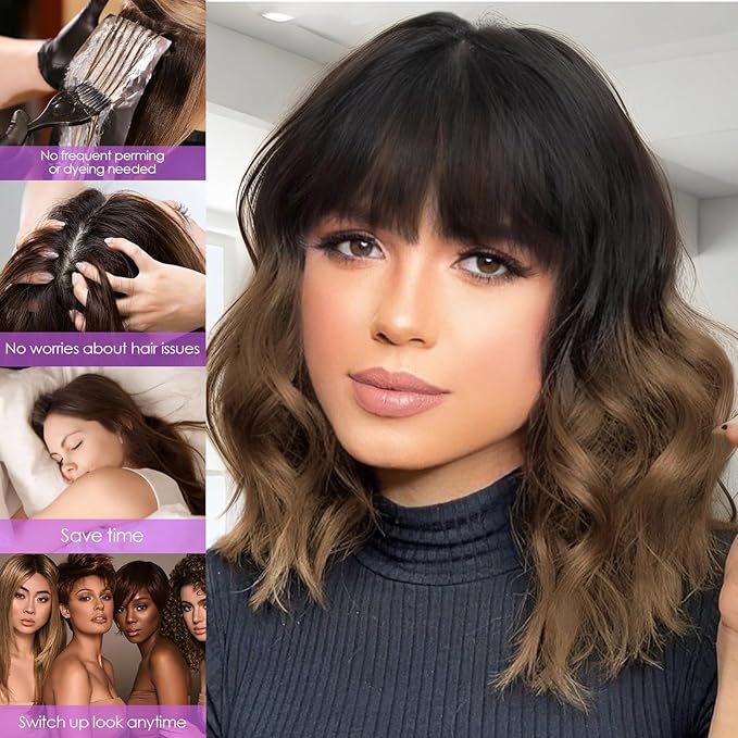 AISI HAIR Ombre Brown Short Wavy Bob Wigs with Bangs for Women Ombre Brown Wavy Wig Natural Looking Resistant Fiber Synthetic Hair for Daily