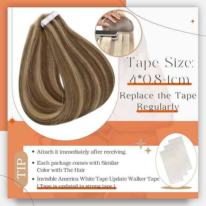 Full Shine Tape in Hair Extensions 18 Inch Color 4P27 Medium Brown Highlighted Honey Blonde Tape Hair Extensions Double Sided Hair Extension Tape ins Real Remy Human Hair 50g 20pcs Invisible Skin Weft