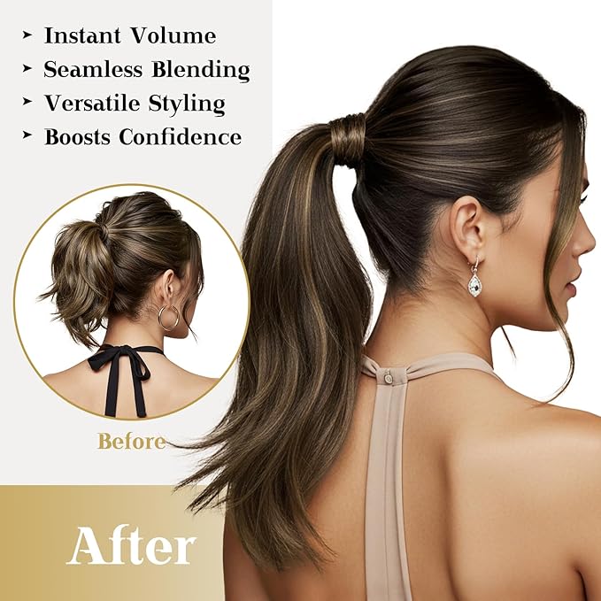Ve Sunny Hair Extensions Ponytail Real Human Hair 80G Wrap Around Clip in Ponytail Hair Extensions Straight Extensions Human Hair for Women Dark Brown Balayage Chestnut Brown 14inch