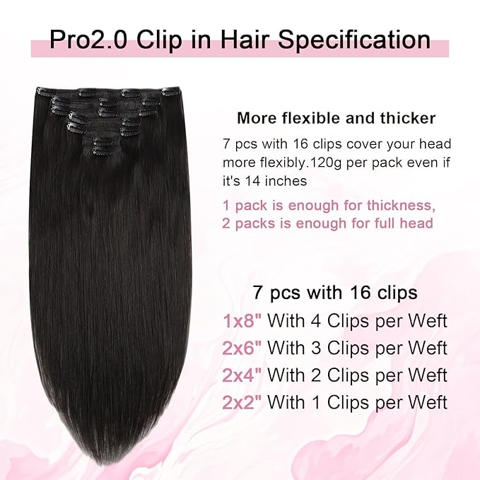 Pro2.0 Remy Clip in Extensions Real Human Hair Color #1B Natural Black Remy Clip in Hair Extensions Real Human Hair 18inch 120g Thick 7pcs Seamless Double Weft for Women（#1B-18inch）