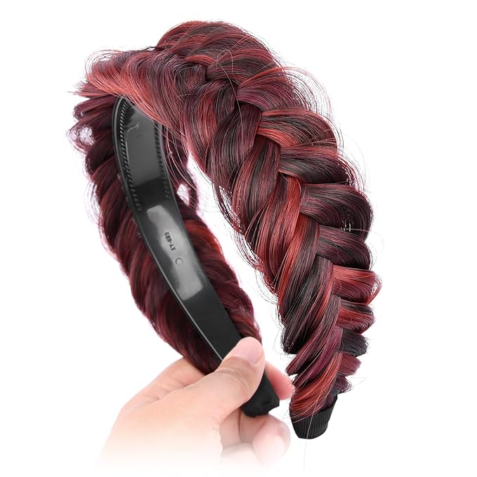 DIGUAN Wide Messy Braided Headband With Teeth Synthetic Hair Plaited Headband High Elasticity Braids Chunky Fishtail Braided Hair Band Hairpiece for Girls Women Beauty Accessory (Burgundy)