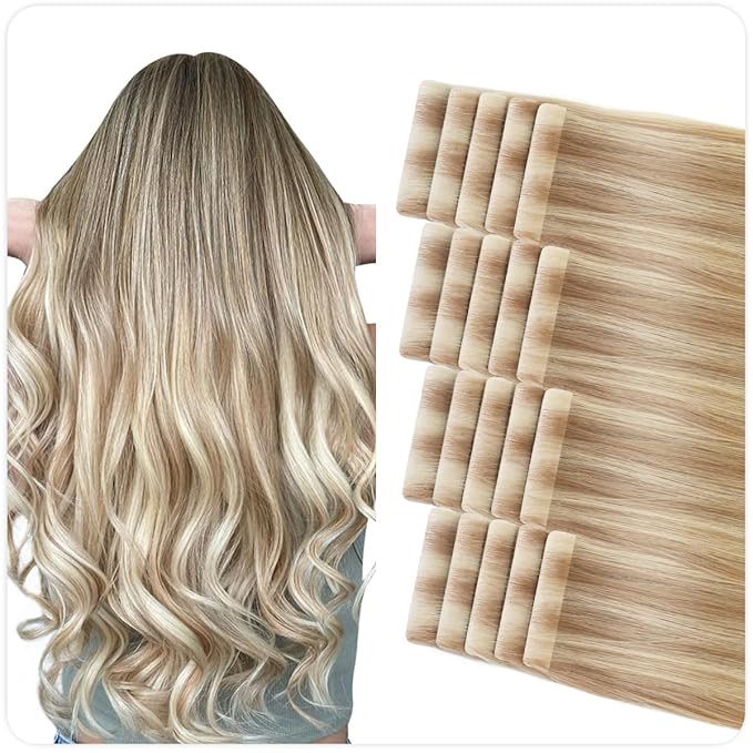SUYYA Invisible Tape in Hair Extensions Human Hair Seamless Injected Hand-Tied Pro Quality Virgin Human Hair Tape Ins Ash Blonde Highlighted Bleach Blonde 20PCS 50G/Pack Straight(22 inch #P18/613)