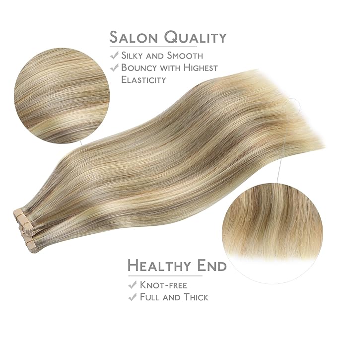 WENNALIFE Tape in Hair Extensions Human Hair, 40pcs 100g 14 inch Ash Brown with Platinum Blonde Highlights Hair Extensions Real Human Hair Straight Tape in Extensions Invisible Human Hair Extensions