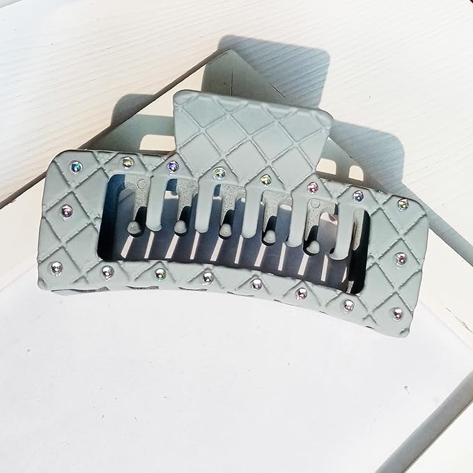 Bling bling Rhinestones Square Hair Clips Double Row Teeth,2 Rows Teeth Rectangle Hair Claw Clips with Shiny Rhinestones,Women Girls Sparkly Thick Hair Accessories Set (cream beige grey)