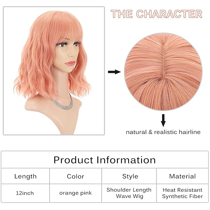 FAELBATY Pink Wigs With Bangs Synthetic Short Bob Wig for Girl Shoulder Length Wig for Women Costume Wigs Mixed Pink(12" Orange Pink)