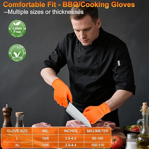 BBQ Gloves for Grilling Disposable Heat Resistant - 100 Nitrile Gloves + 4 Reusable Cotton Liners for Cooking Smoker -Orange Large