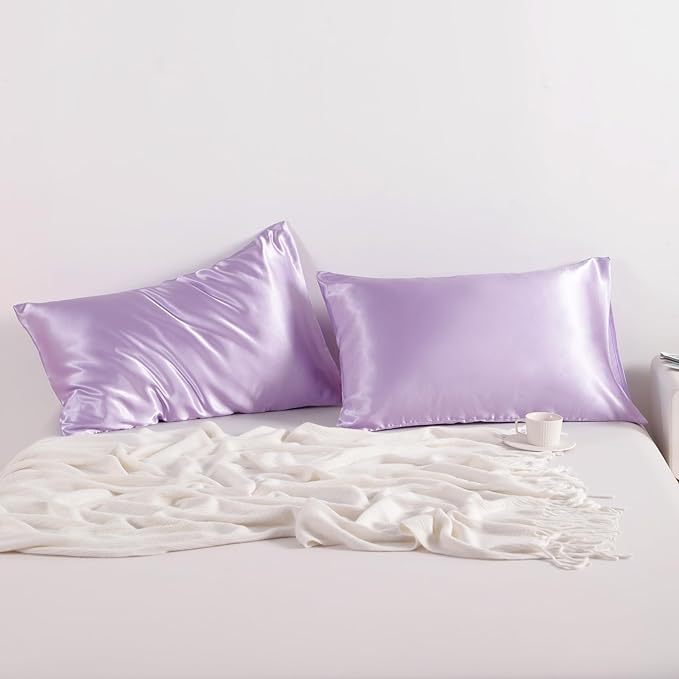 NTBAY 2 Pack Satin Standard Pillowcases for Hair and Skin, Luxurious and Silky Pillow Cases with Envelope Closure, 20x26 Inches, Light Purple