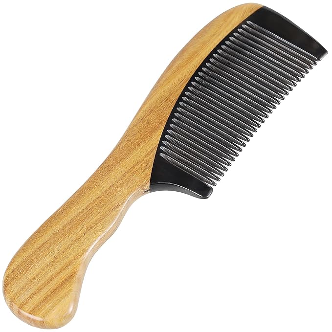Onedor Natural Green Sandalwood Hair Comb - 100% Handmade Wooden Comb with Buffalo Horn, Fine Tooth, Anti-Static, Relieves Tension, Prevents Tangled Hair and Split Ends - Unisex, 7 x 3 x 2 inches