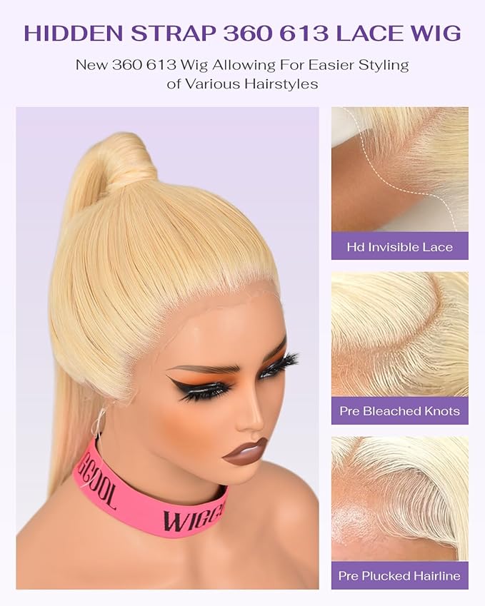 Hidden Strap Straight 360 613 Lace Front Wigs Human Hair Invisible Strap Pre Plucked 180% Density SALON-Quality Blonde Wig with Drawstring Glueless Wigs HD Full Lace Human Hair Wigs 24inch