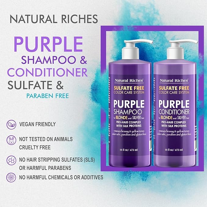 Natural Riches Purple Shampoo and Conditioner Set for Blonde, Silver & Grey Hair – Sulfate-Free, Color-Safe, Removes Brassy & Yellow Tones for Natural, Highlighted, and Bleached Hair – 16x2 fl oz