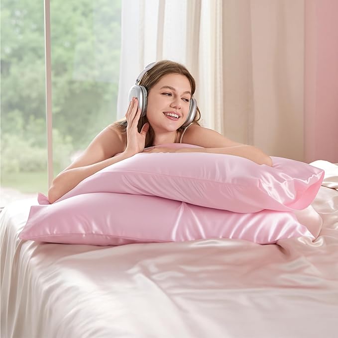 Bedsure Satin Pillowcase 2 Pack Similar to Silk Pillow Cases Standard Size, Pink Pillow Case Covers with Envelope Closure, Home Decor Valentine Gifts for Women Girls,20x26 Inches, 2pcs