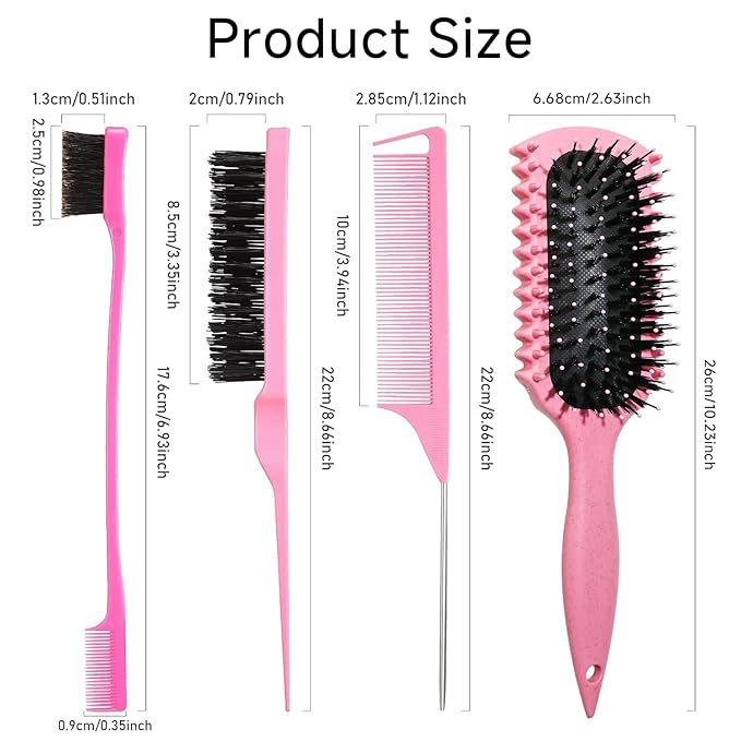 Curl Defining Brush, Curly Hair Brush Products With 3 Pcs Slick Back Hair Brush Set Bristle Brush Edge Control Teasing Comb for women (Pink)