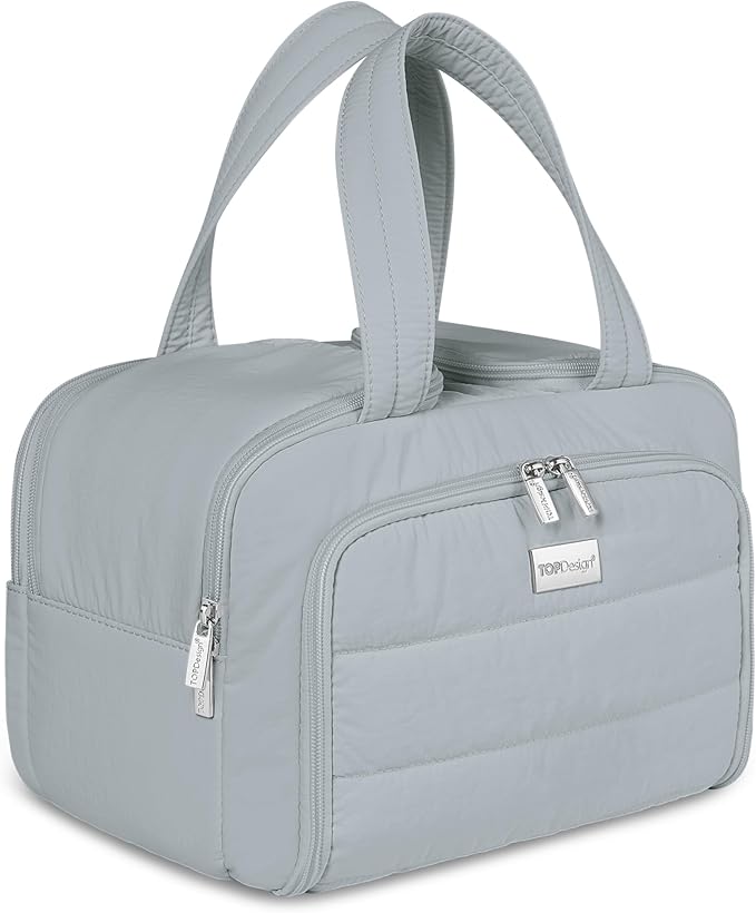 TOPDesign Travel Toiletry Bag for Women, Puffer Large Toiletry Bag, Lightweight Cosmetic Makeup Organizer with Handle for Traveling, Accessories, Essentials, Toiletries (Light Grey)