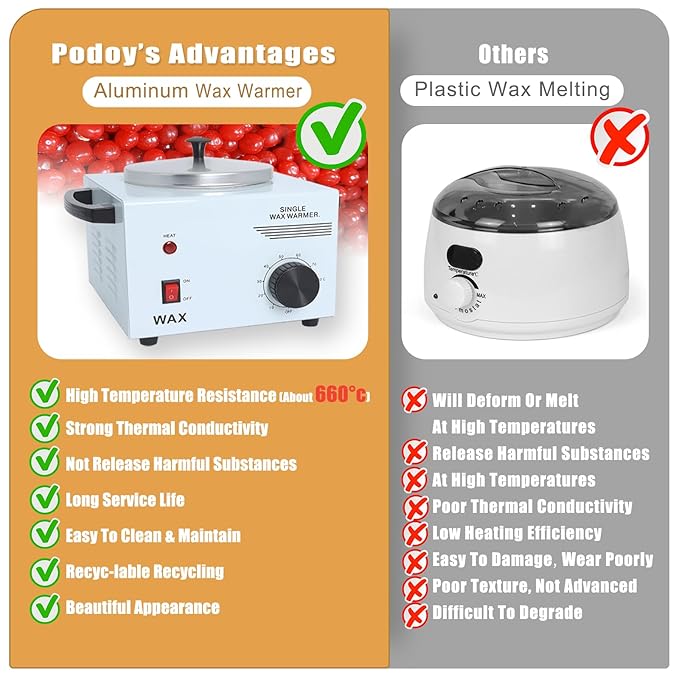 Podoy Wax Warmer for Hair Removal, Professional Single Wax Warmer Pot Melter Heater with Adjustable Temperature Set, Home Spa & Salon Electric Waxing Machine with 200pcs Sticks