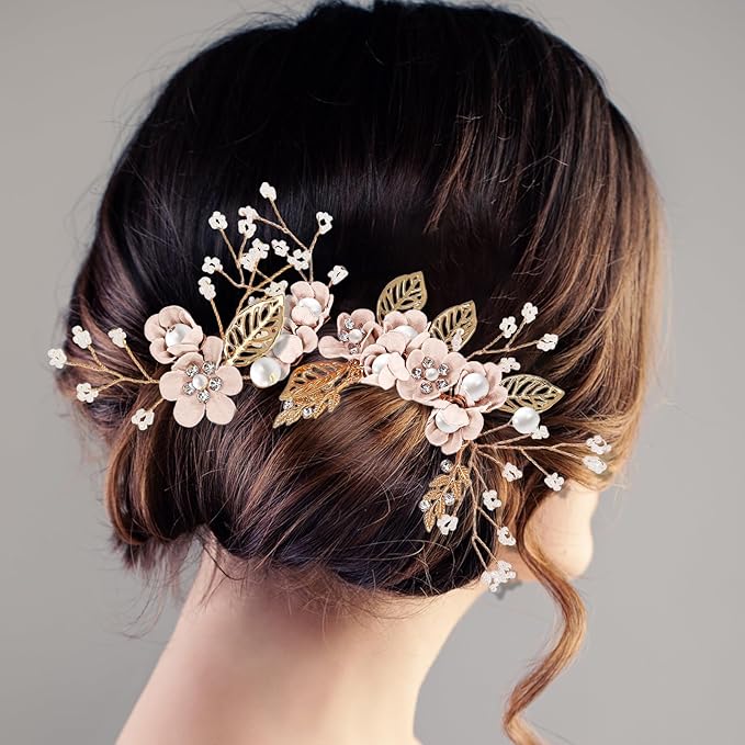 Wedding Flower Hair Accessories for Women: 4pcs Leaf and Flower Hair Combs for Women Accessories - Crystal Pearl Wedding Flower Clips Headpiece for Brides Bridesmaids Girls Updo (Pink)