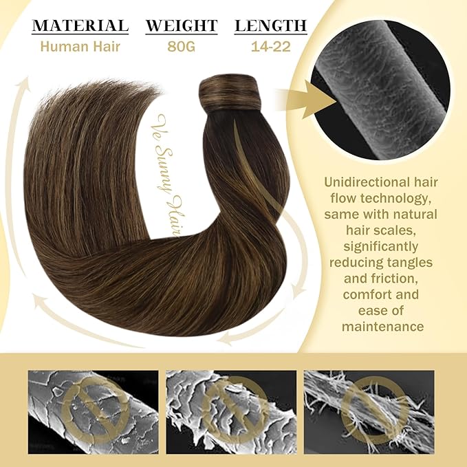 Ve Sunny Hair Extensions Ponytail Real Human Hair 80G Wrap Around Clip in Ponytail Hair Extensions Straight Extensions Human Hair for Women Dark Brown Balayage Chestnut Brown 14inch