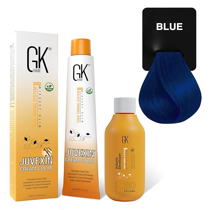 GK HAIR Global Keratin Mixtones Blue Hair Color Cream Tube (3.4 Fl Oz/100ml) + 20 Volume Developer (5 Fl Oz/150ml) - Professional Permanent Long Lasting Toner Dye
