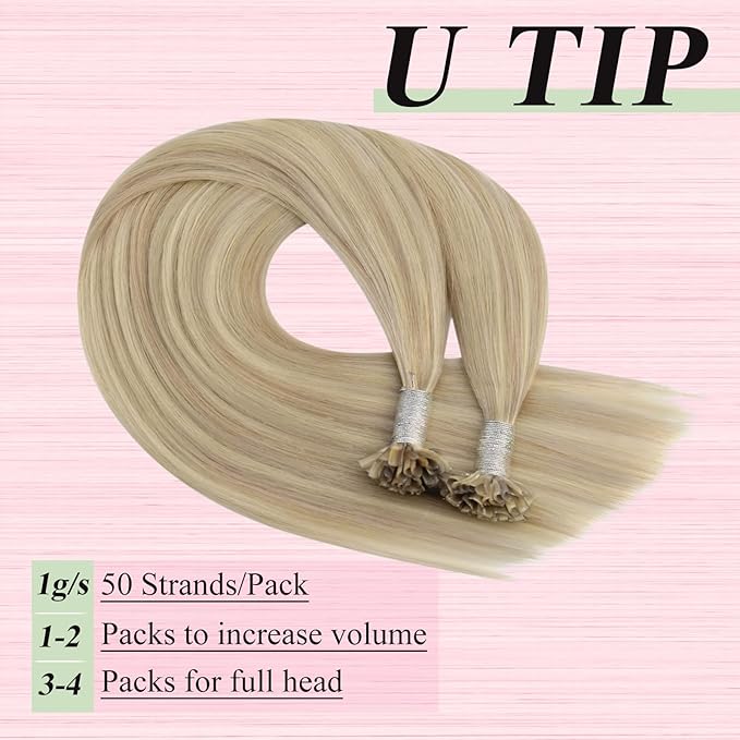 YoungSee U Tip Hair Extensions Human Hair Blonde Highlight Utip Hair Extensions Human Hair Ash Blonde with Platinum Blond Highlight Keratin Hair Extension Remy Hair Ktip Extension 22In 1G/S 50G