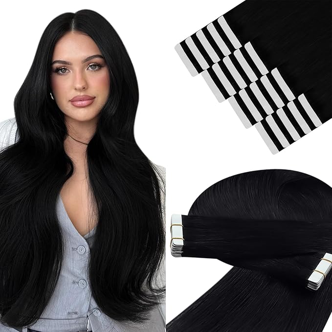 YoungSee Invisible Tape in Hair Extensions Black Tape in Extensions Real Human Hair Jet Black 22 Inch Tapes on Hair Extension 20pcs 50g Real Human Hair Extension Tape-in Long-Lasting Hold Hair