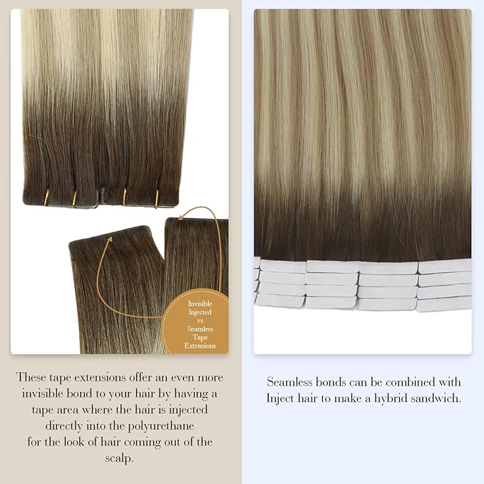 Full Shine Virgin Tape in Hair Extensions Human Hair 5Pcs Color 2/18/22 Balayage Injection Tape in Extensions 18 Inch Machine Remy Human Hair Extensions Seamless Skin Weft Tape in Hair 12.5Gram