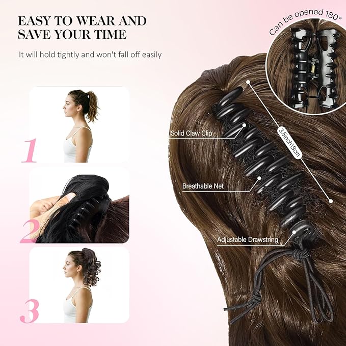 Claw Clip Ponytail Extension - 12 Inch Curly Ponytail Extension, Wavy Pony Tails Hair Extensions, Synthetic Hair Extensions Ponytail, Clip On Ponytails for Women (Color: Salt and Pepper)