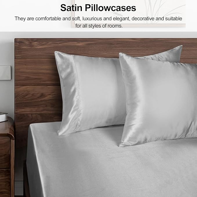 Lirex Satin Pillowcase for Hair and Skin, Super Soft and Cooling Similar to Silk, 2 Pack Standard Size 20"X 26" Pillow Cases with Envelope Closure, Gifts for Women Men, Light Gray