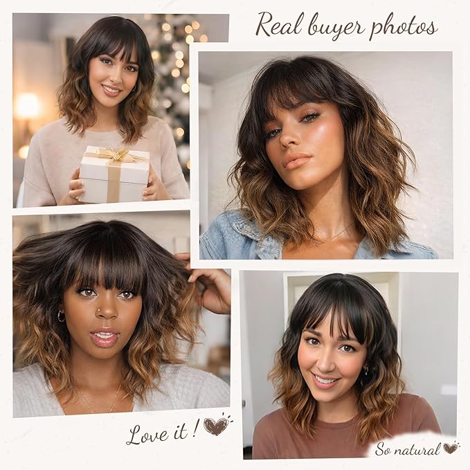 Nnzes Short Wavy Wig with Bangs for Women Shoulder Length Bob Curly Women's Charming Synthetic Wigs with Natural Wavy Black To Brown Heat Resistant Hair for Daily Party Use