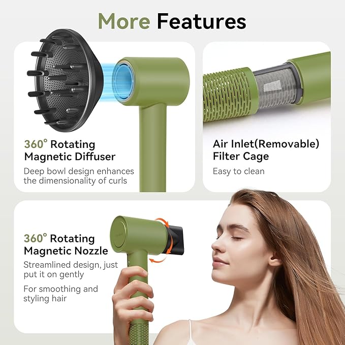 Diffuser Hair Dryer Professional with Temperature Control, Ionic Technology, Low Noise (Green with Diffuser Nozzle)