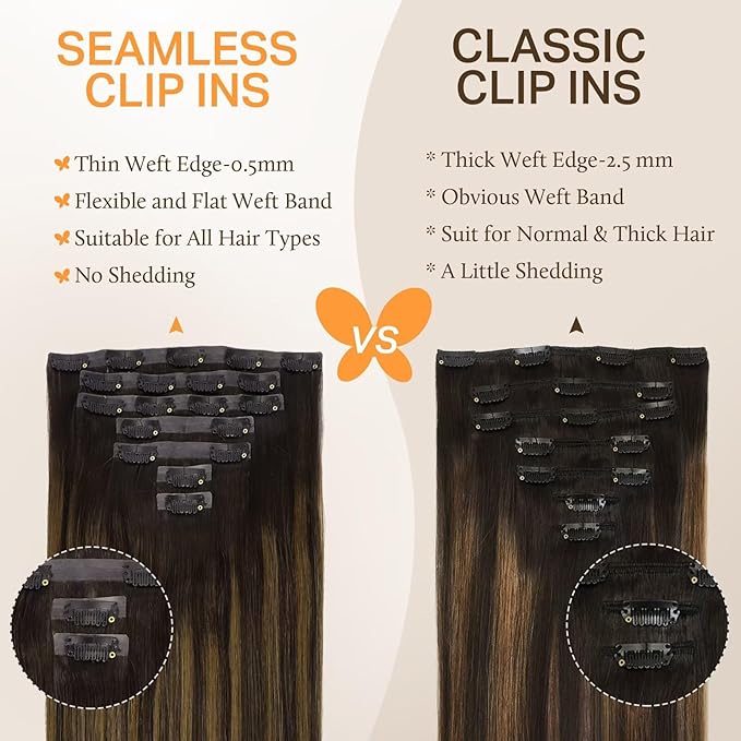 DOORES Hair Extensions Clip in Human Hair, Dark Brown to Chestnut Brown 9pcs 130g 14 Inch, Remy Seamless Clip in Extensions Straight Thick Invisi Edge Weft