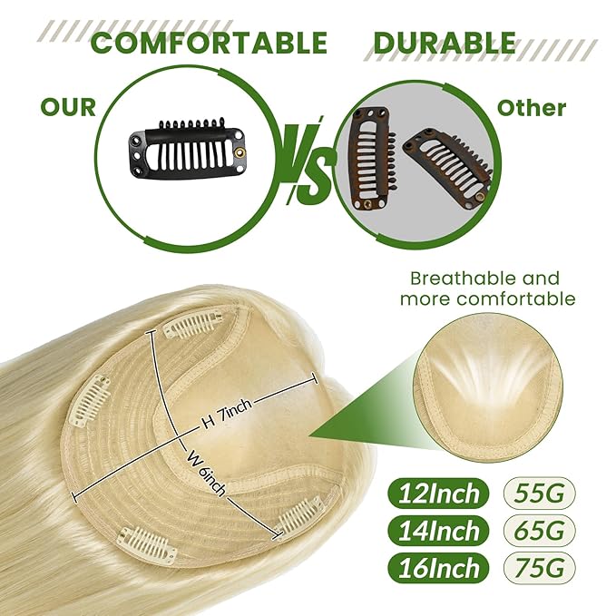 HAIR Toppers for Women Real Human Hair, Toppers Pieces for Women with Thinning Crown 6x7 inch 150 Density 55 grams 12 inch blonde Color All Real Human Hair(#60 12inch)