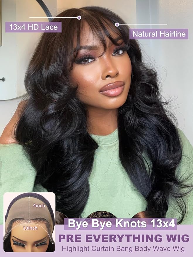 YIROO Pre Everything 13X4 HD Lace Front Real Scalp Glueless Wig Human Hair Wigs Loose Body Wave with Face Framing Curtain Bangs Pre Plucked Pre Cut Lace Pre Bleached Knots Wig Bye Bye Knots 20Inch