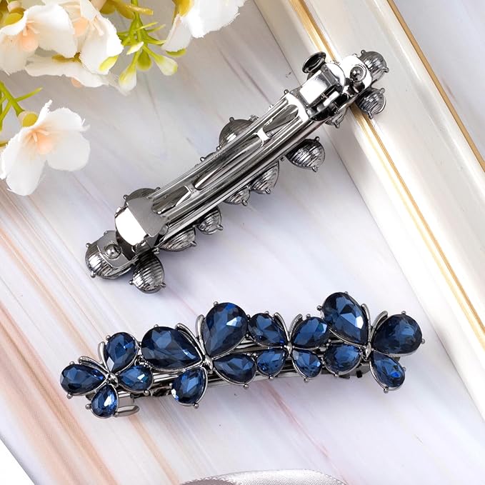 Joez Wonderful Rhinestone Hair Clip Sparkly Crystal Barrettes French Wedding Prom Engagement Pageant First Communion Hair Decorative Accessories for Women Bride Thick Long Hair (Butterfly Blue, 1 Pcs)