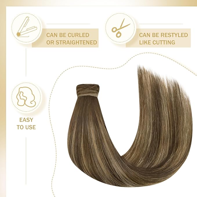 Ve Sunny Hair Extensions Ponytail Real Human Hair 80G Wrap Around Clip in Ponytail Hair Extensions Straight Extensions Human Hair for Women Medium Brown Balayage Ombre Caramel Blonde 14inch