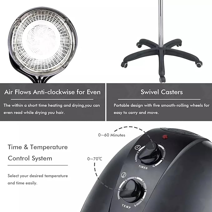 Red,A,Wall Mounted Hair Dryer,Fast Hair Drying Low Noise,Timer 0-60 Min,Steamer Hat Deep Conditioning Heat Steaming Salon Equipment Hooded Machine Used in Hair Processor