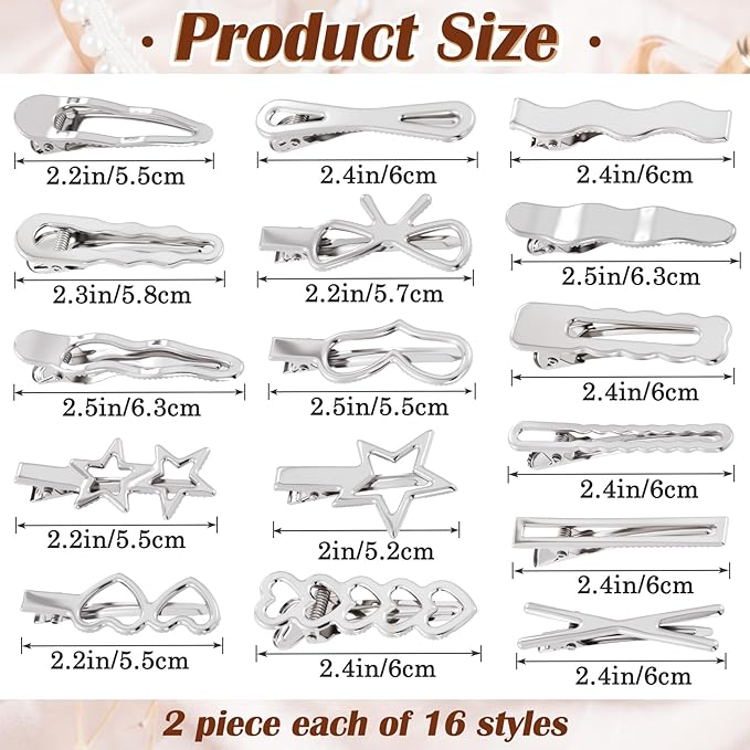 32pcs Star Heart Metal Hair Clips, 16 Styles Silver Hair Clip Alligator Barrettes, Bow Wavy Non-Slip 2000s Hair Accessories for Women Daily, Party